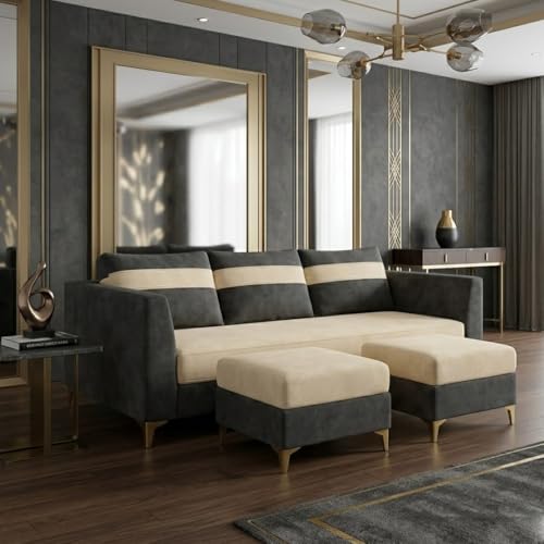 Image of FURNY Nova 5 Seater L Shape Sofa Set with 2 Movable Ottoman | Flexible Left or Right Layout | Plush Velvet Fabric (Dark Grey-Cream) | Perfect for Living Room, Guest Room & Office