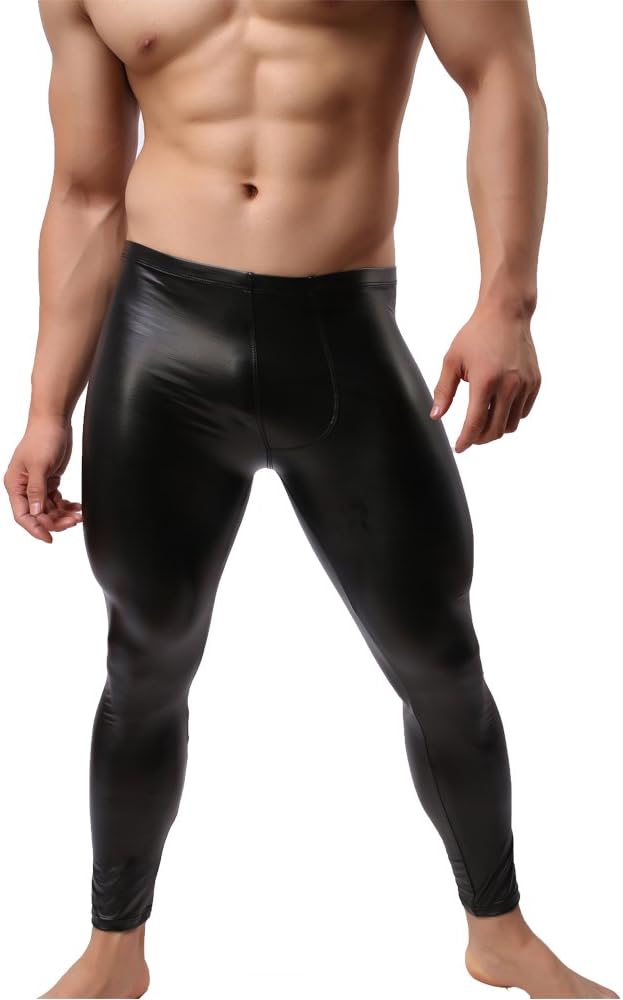 Men's Faux Leather Leggings Long Pants Tight Underwear John Bulge Pouch Underpants Trousers