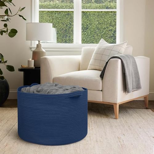 Image of MEGASKET 115L Dark Blue Basket for Organizing, 23.6 inch x 15.7 inch XXXL Woven Cotton Rope Laundry Basket, Oversized Blanket Storage for Living Room Bedroom, Kids Toy Box Organizer, Pool Towel Storage Bin