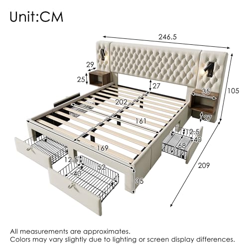 Polsterbett mit Matratze, Doppelbett Bettanlage 160x200 cm, Schlafzimmer Komplett Set mit 2x Nachtkommoden und 4 Schubladen, LED Kopfteil Stauraumbett mit Leselicht & USB Ladefunktion, Samt, Beige – Bild 4