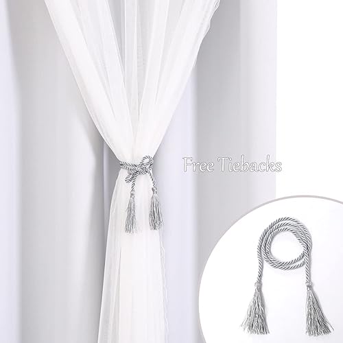 Miniatura 5 de Cortinas blancas grisáceas de 84 pulgadas de largo, cortinas transparentes de gasa de doble capa y paneles de cortinas con dobladillo de encaje para