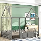 House Bed Full Size Kids Bed Frame with Roof and Fence, Box Spring Needed