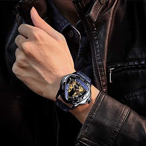 Image of Winner Fashion Mechanical Wrist Watch Triangle Racing Dial, Waterproof Golden Skeleton Dial Automatic Movement Leather Design Mechanical Watch for Men
