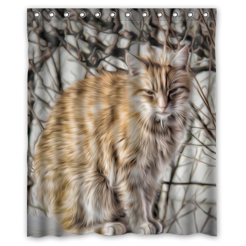 Fashion Design Waterproof Polyester Fabric Bathroom Shower Curtain Standard Size 60(w)x72(h) with Shower Rings - Cat In Forest Art Pictures