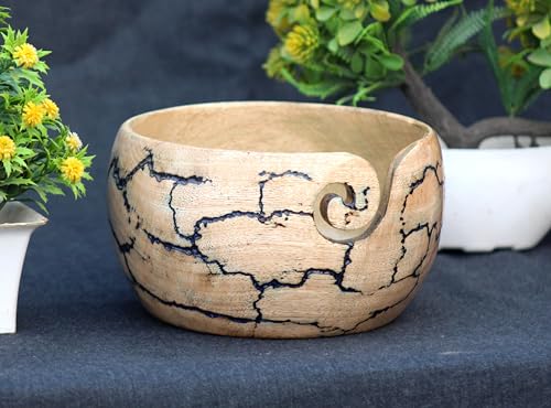 Image of Wooden Yarn Bowl for Knitting, Lichtenberg Resin and Wooden Mix Knitting Yarn Holder, Large Crochet Yarn Holder Best Gift for Knitters