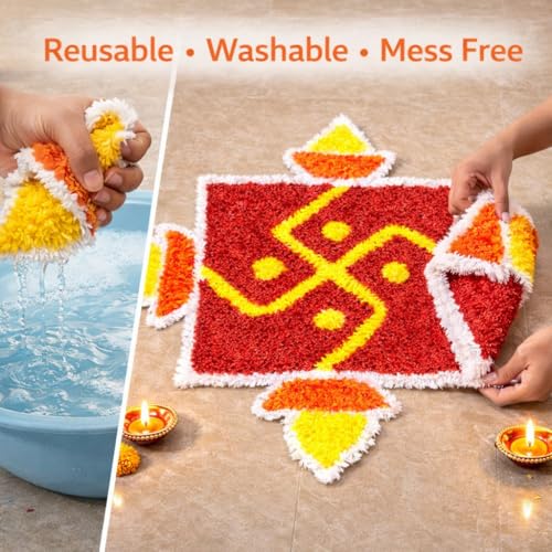 Image of Handmade Lotus Rangoli Mats Set of 4 Washable & Reusable Rangoli Mat for Quick Home Decor| 14.5 x 8 Inch Floral Design for Diwali Navratri Puja Housewarming Wedding Festive Decoration Gift