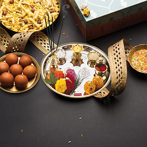 Image of HAZEL Stainless Steel Puja Pooja Aarti Thali Set | 28 cm with 1 Pc Diva | Agarbatti Incense Holder, Kumkum Wati and 2 Pcs Wati