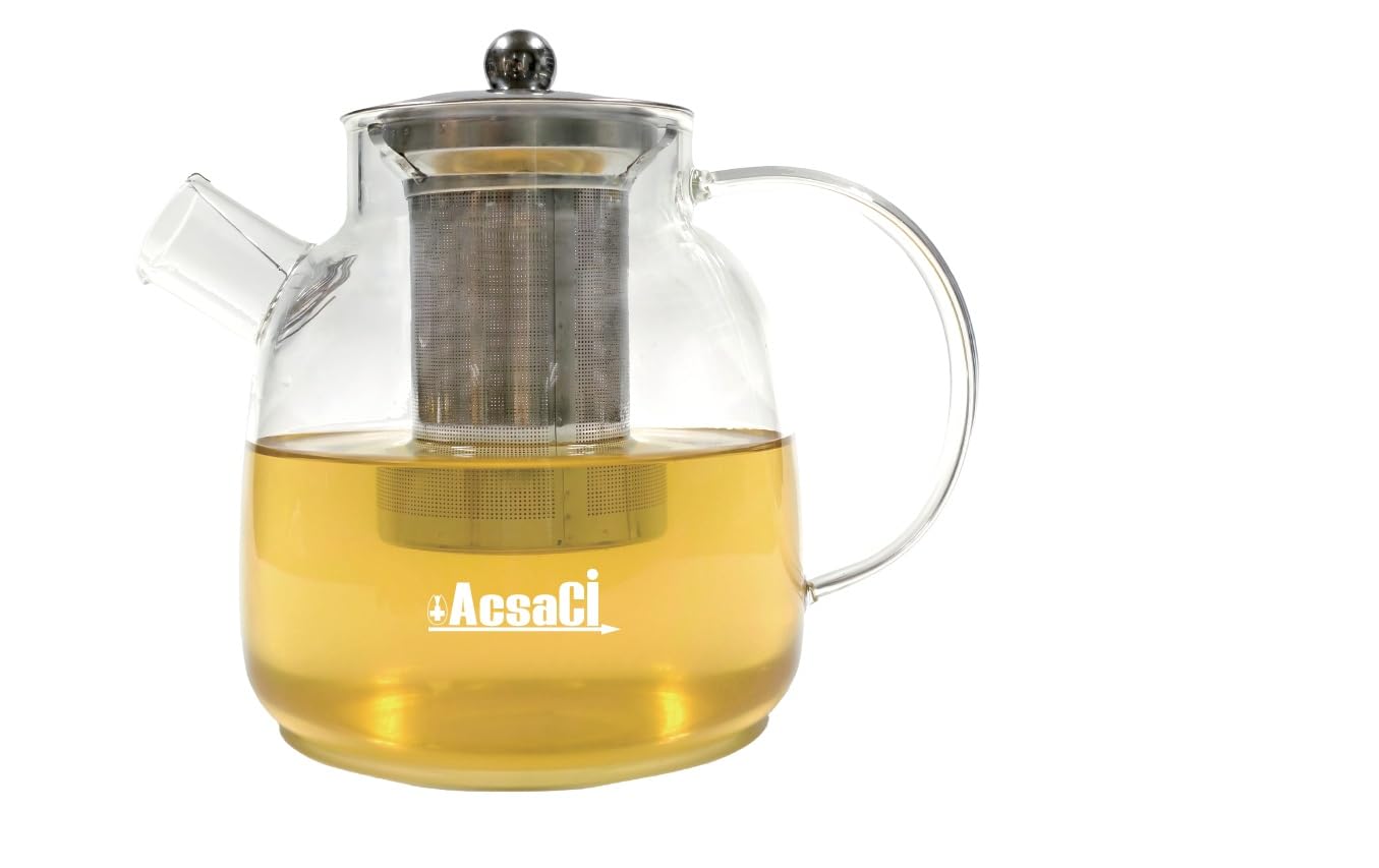 AddAcsaCi Premium Borosilicate Glass Tea Pot 1200ml Round Shape | Tea Pot with Removable Stainless Steel Infuser for Loose Leaf Tea | Heat Resistant Tea Maker for Hot & Iced Tea | Dishwasher Safe