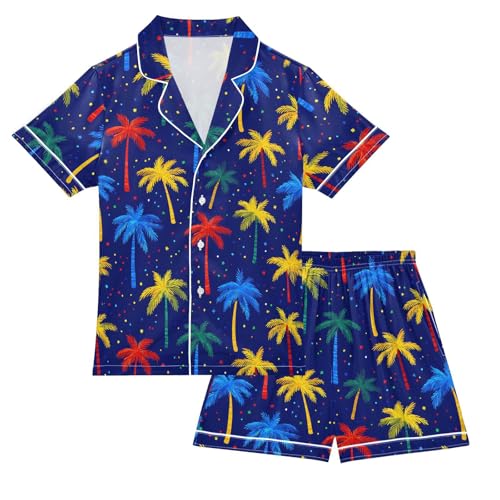ALAZA Color Palm Tree Blue Satin Pajamas Set Short Sleeve Button Down Sleepwear Summer Pjs 2 Piece