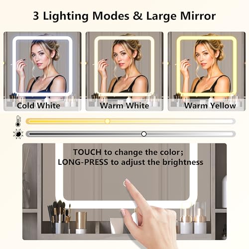 Image of Wodeer Grey Makeup Vanity Desk with Mirror & Lights, Modern Vanity Table with Charging Station, 7 Drawers, Glass Cabinet, Adjustable Shelves, Bedroom Dressing Table Set for Women & Girls