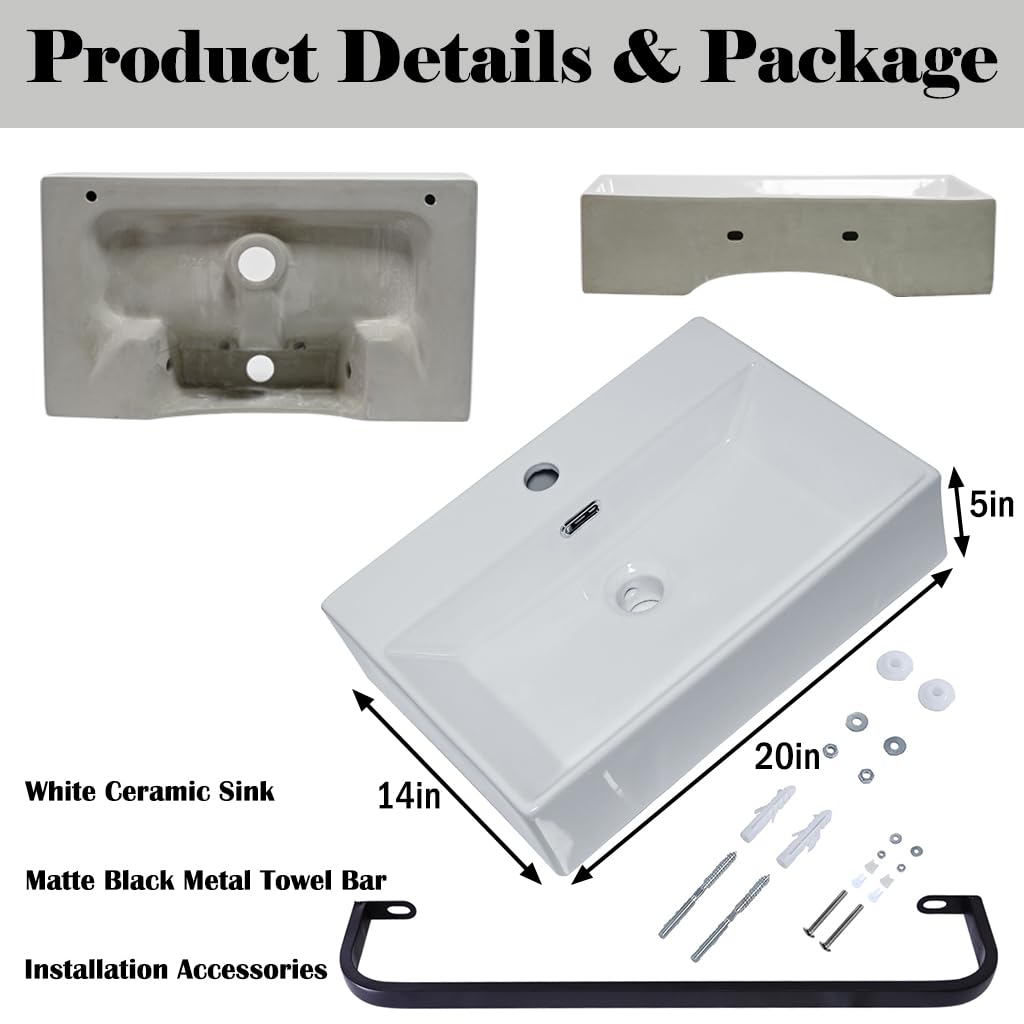 Lavabo in ceramica, moderno con foro per rubinetto, lavabo sospeso, bianco, per bagno, ospiti, WC e giardino, facile da pulire (51 x 36 cm)