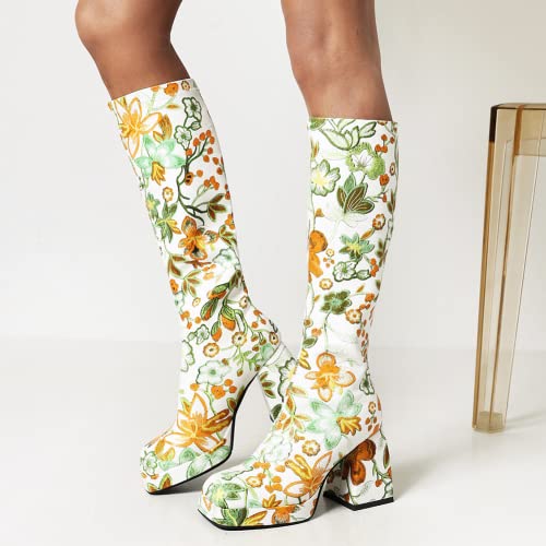 So Simpok Women Flower Knee High Boots Chunky Heel Square Toe Goth Platform Boots Combat Riding Boots Gogo Boots #TOP2