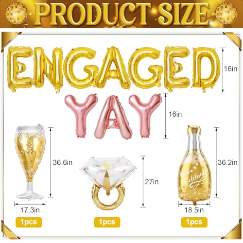 Image of Gold Engagement Party Decorations, Engaged Yay Balloons Letters Banner, Diamond Ring White Champagne Bottle Balloon Glass Foil Balloon for Bachelorette Engagement Wedding Bridal Shower Party Supplies
