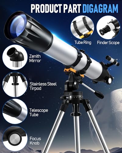 Image of Sararoom Telescope for Adults High Powered, 90mm Aperture 900MM Refractor Telescope for Kids & Beginners, Portable Travel Telescope with Stainless Tripod, Phone Adapter, Wireless Remote