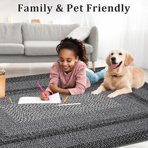 GAOMON Washable Rug 10x13 Large Area Rugs for Living Room Boho Braided Printed Rugs Minimalist Aesthetic Bedroom Rug Non Slip Accent Carpet Low Pile Non-Shedding Floor Cover Foldable Thin Mat Charcoal