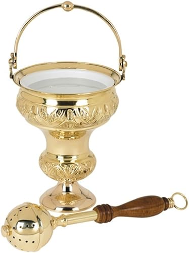 Olla de agua bendita redonda ornamentada de latón con juego de rociadores, 7 34 pulgadas