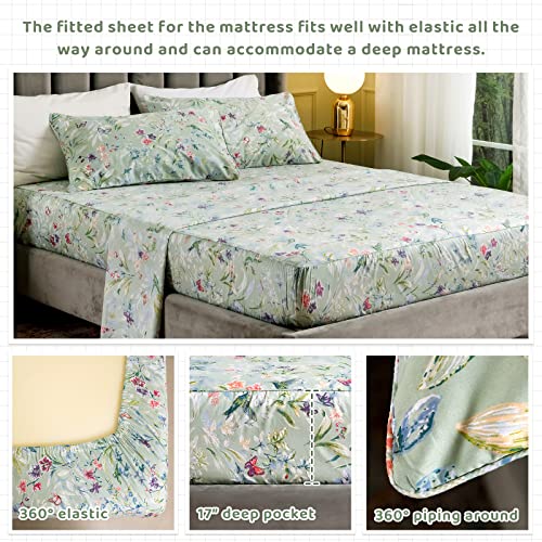 Qsh Floral King Size Sheet Sets - Green Flower Bird Butterfly Print Botanical Bedding Egyptian Cotton Printed Sheets King Size Bed Extra Soft And Breathable 17.5" Deep Pockets Bed Sheets 4Pcs #TOP2
