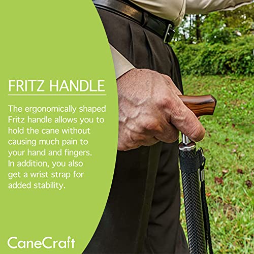 Canecraft Carbon Fiber Folding Walking Cane For Men And Women - Ultra Lightweight Collapsible And Height Adjustable Walking Stick With Wood Finish Handle And Wrist Strap #TOP2