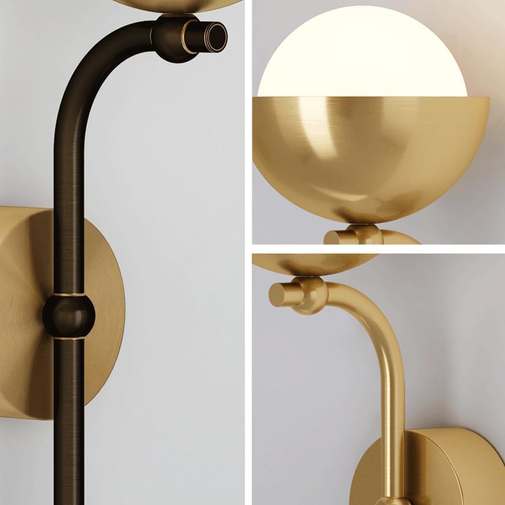 Applique da Parete per Interni in Ottone con Globo in Vetro Opalino Lampada da Parete A Palo Lungo Stile Vintage Nero Oro Satinato per Camera da Letto Comodino Bagno E Scale