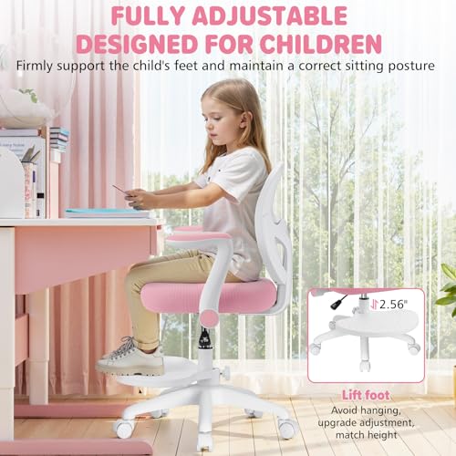 Image of HOFFREE Kids Desk Chair Ergonomic Study Chair with Flipped Armrest and Footrest Adjustable Height Swivel Kids Computer Chair Mesh Desk Chair for Boys Girls Children at Home Bedroom Study Room Pink