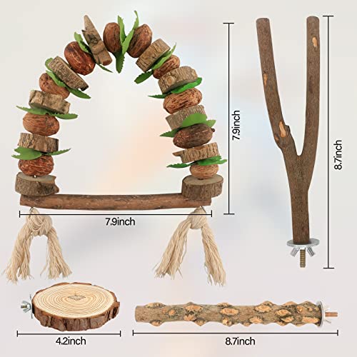 Image of 4PCS Natural Wood Bird Perch Stand - Parrot Perch Stand Training Platform Bird Perch with Hanging Swing Toys - Paw Grinding Stick & Climbing Toys for Bird Cage Accessories