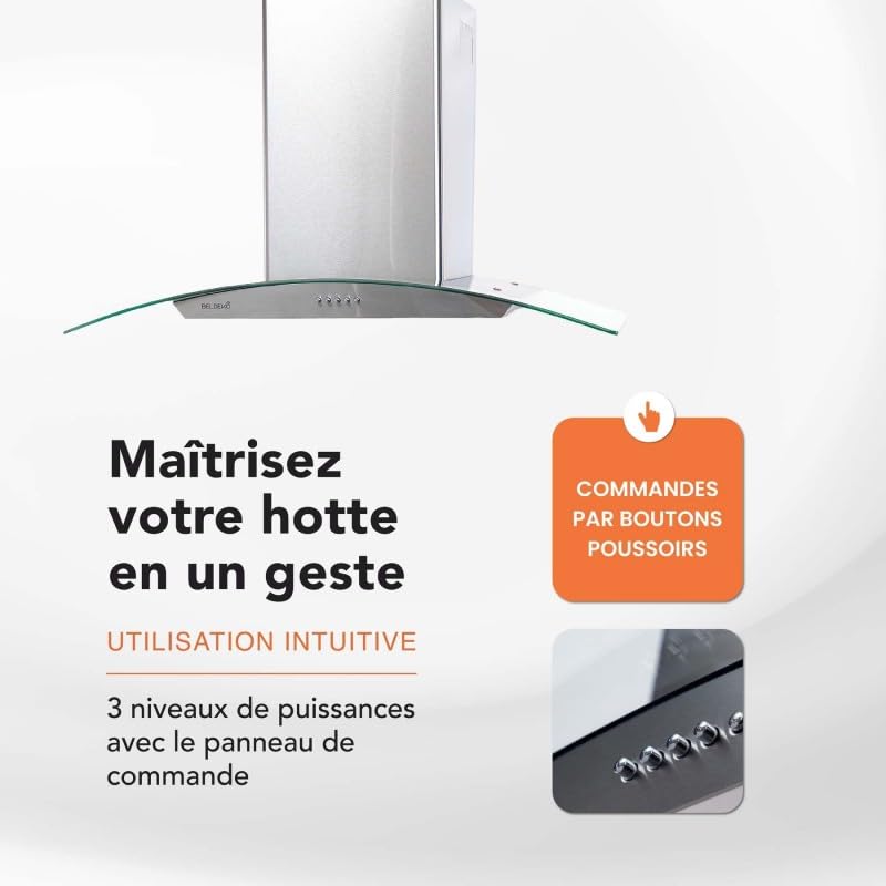 BELDEKO Hotte Murale 90 cm Inox 559 m3/h Évac/Recyclage - Marque Française