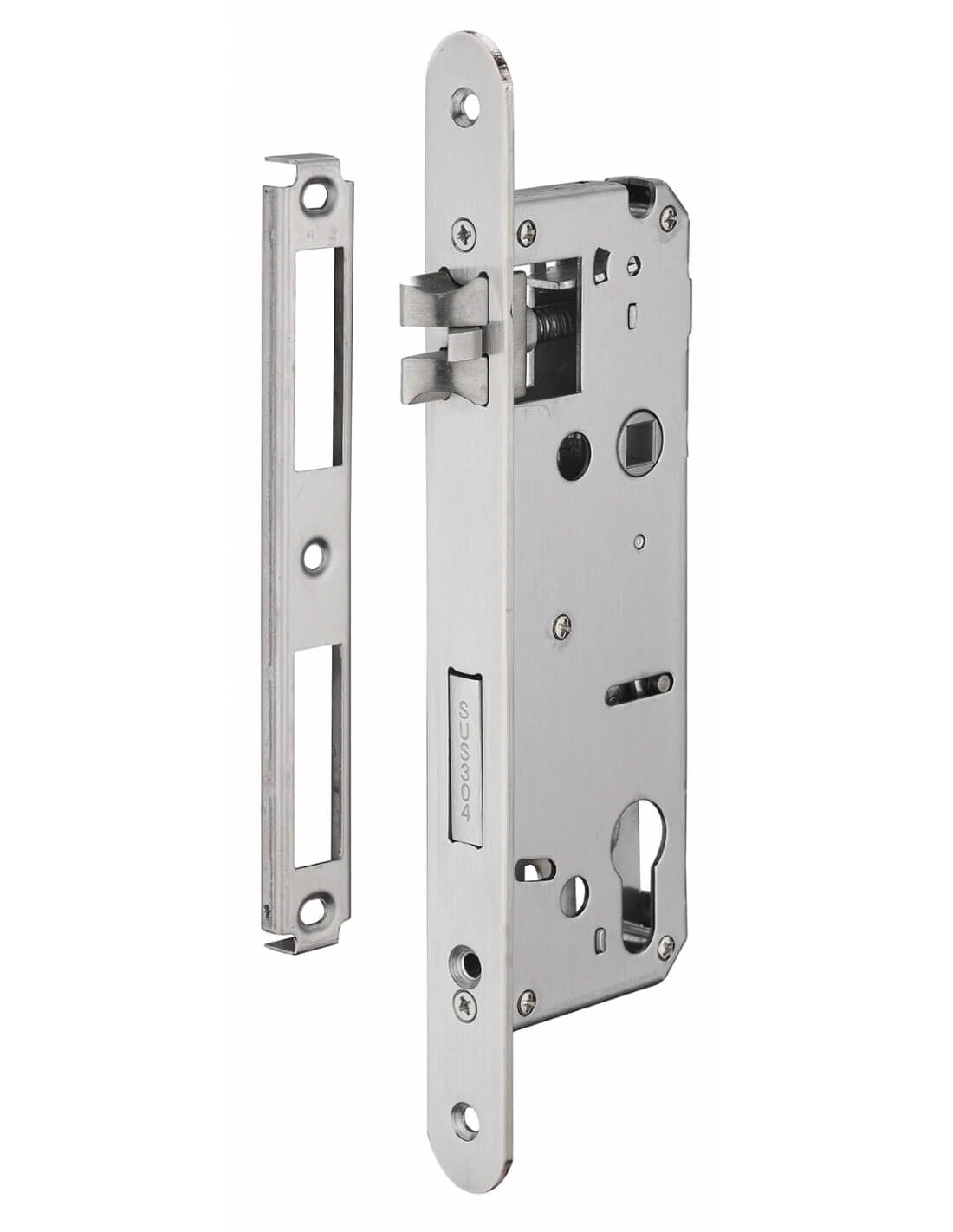 INTELOCK - Serrure Encastrable avec Trou Cylindre pour Porte d'Entrée - Inox - Axe 50 mm - Entr'Axes 70 mm - Carré 8 mm - Réversible - Bouts Ronds - Gris