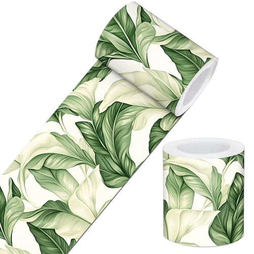IVN Peel and Stick Wallpaper Border 4x196 Inch Green Tropical Leaf Botanical Pattern Self Adhesive Decorative Wall Trim Accent Strip for Bedroom Kitchen Living Room Mirror Frame Bold Gothic Home Decor