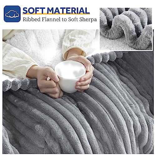 Sealy Heated Blanket Electric Throw, Ribbed Flannel to Sherpa,50"x60" Heating Blanket Throw, 6 Heat Levels & 2-10 Hours Auto-Off Over-Heat Protection, Machine Washable, Light Grey - Image 6