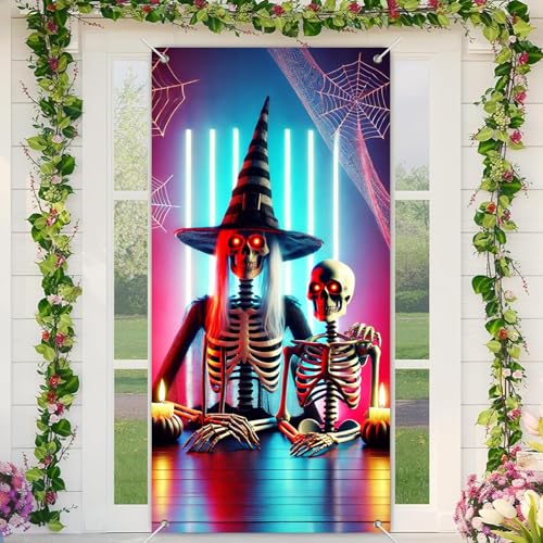 Image of BlissYard Halloween Door Cover Skeleton Witch Hat 35x71 Inch Polyester | Door Banner, Wall Decor | Skeleton Entry Accent, Witch Hat Backdrop | Porch, Hallway, Party (Spooky Art)