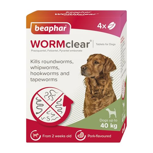 Beaphar - WORMclear Tablets for Dogs up to 40kg - 4 Tablets - Kills All Common UK Intestinal Worms (Roundworms & Tapeworms) - Vet Strength Wormer - Pork-Flavoured - For dogs over 2 weeks old & 3kg