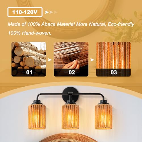 Image of 3-Light Bathroom Vanity Light Fixtures, Rattan Bathroom Lighting Fixtures Over Mirror with Wicker Lampshades, Boho Rustic Style Wall Sconce for Living Room, Bedroom