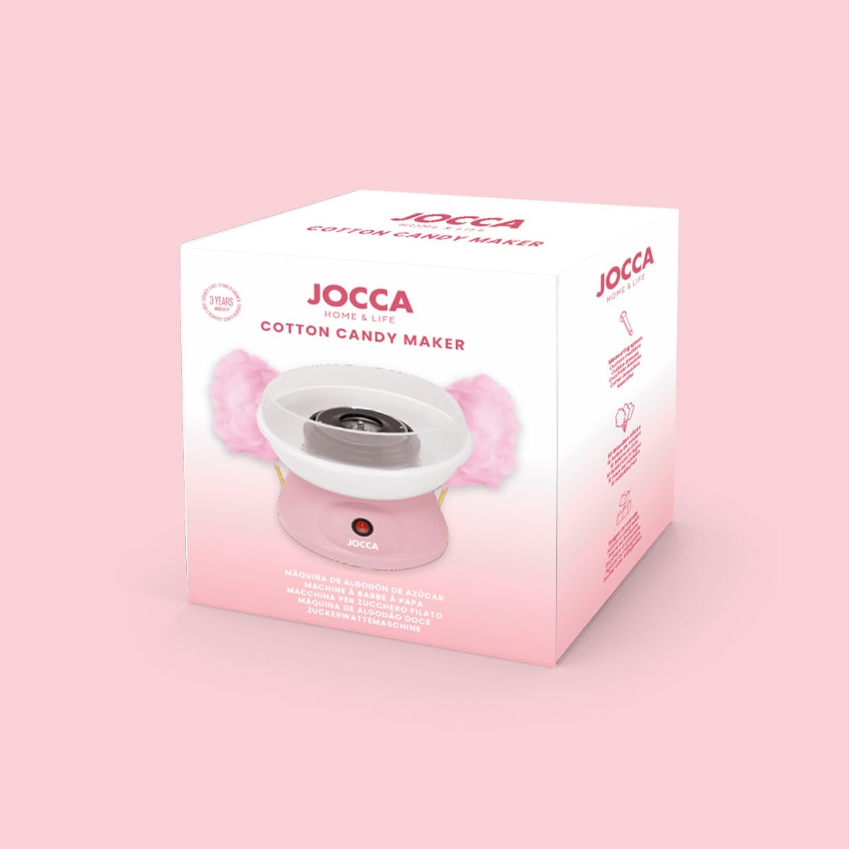 Jocca - Máquina de algodón de azúcar rosa | 520 W | Compatible con caramelos y azúcar común | Incluye cuchara medidora y 10 palitos | Diseño compacto 26×26×17 cm