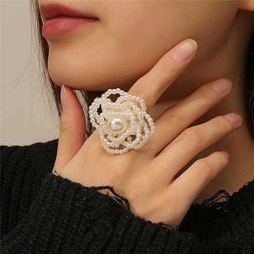Pearl Ball Flower Statement Ring for Women Girls Gold Tone Handmade Adjustable Expandable Artificial Pearls Bead Cluster Open Wrap Finger Rings Comfort Fit Fashion Wedding Christmas Theme Party Jewelry Gift2