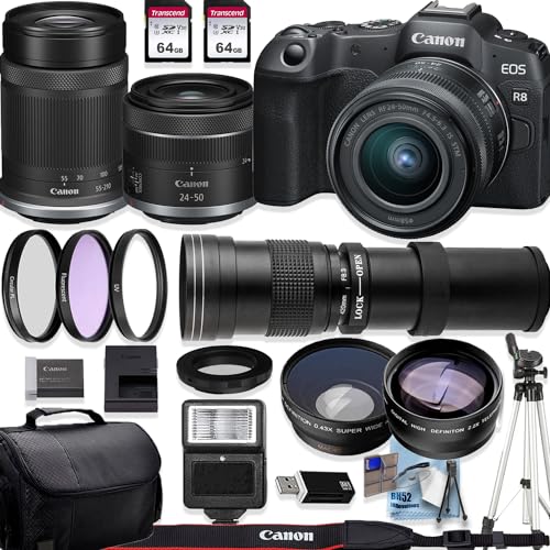Canon EOS R8 4K Video Recording Mirrorless Camera with 24-50mm and Canon RF-S 55-210mm is STM+420-800mm HD Telephoto Zoom Lenses+128GB Memory+Accessory Bundle (Renewed)