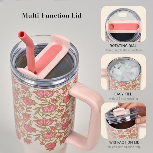 Image of Christian Art Gifts Extra Large Stainless Steel Double Wall Vacuum Insulated Travel Tumbler for Women: Be Still Inspirational Scripture, Lid, Reusable Straw, Wide Handle, White & Pink Floral, 40 oz.