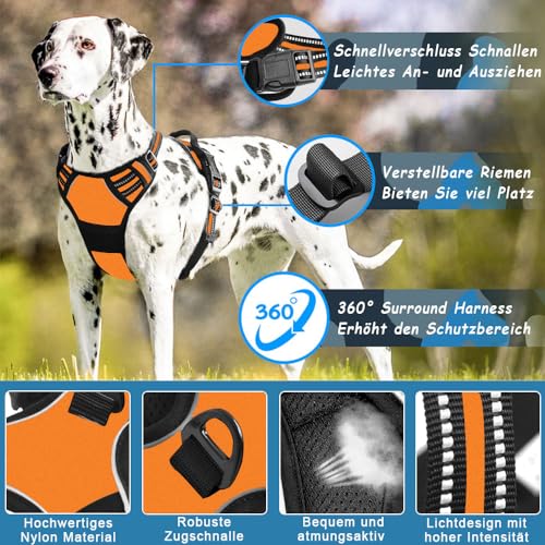 Voarge Hundegeschirr Grosse Hunde, Anti Zug Geschirr Hund mit Kontrolle, Verstellbare Weste Hundegeschirre, mit einfach zu bedienendem Griff für Training oder Spaziergänge (Orange, L)