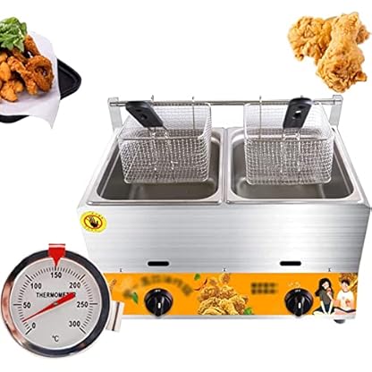 20L Fritteuse, Dual-Tank-Edelstahl-Hähnchenchips-Fritteuse mit 2 Körben und Deckeln, Gas-Küchenfrittiermaschine, für Pommes-Frites-Restaurants, Supermärkte, Fast-Food-Stände