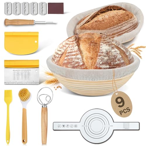 BEWOS 9-teiliges Gärkörbchen für Brot, 25 Cm Gärkorb Oval und 23 Cm Gärkorb Rund, aus Naturrattan, mit Bürste, Der Schaber und Leinenbezug, Für die...