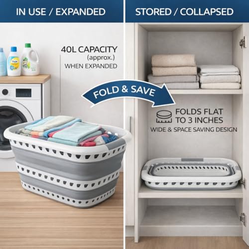 Image of Laundry 360 Collapsible Laundry Basket 40L | Portable | Space Saver Storage | Hold 2 Loads | Store Under the Bed or Closet | Good for Kids | Dorm | Bedroom | Large | White /Grey
