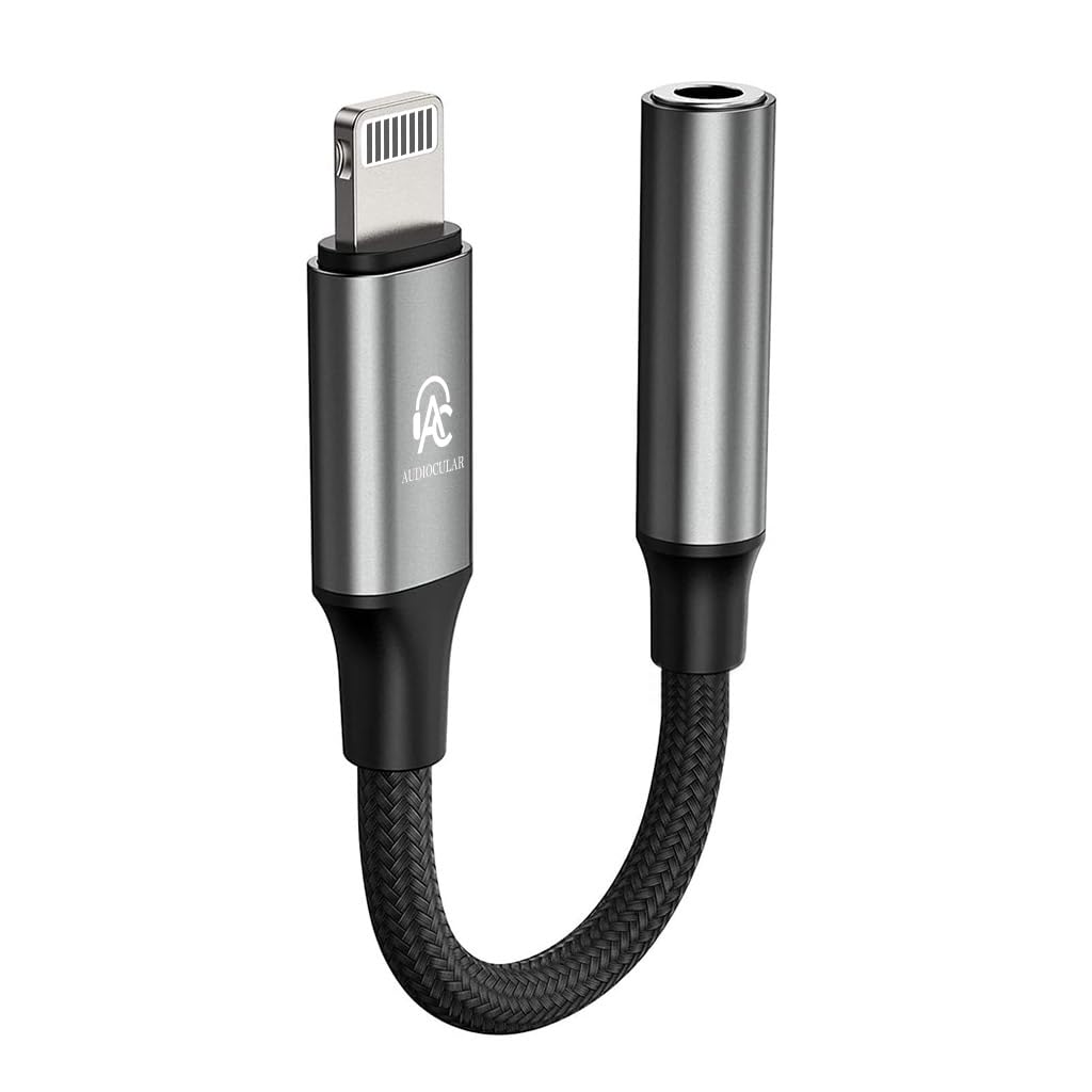AUDIOCULAR D16 Lightning to 3.5mm DAC Amp Adapter, Portable Audio Converter with Mic Support, Smart Chip, for iPhone 7–14, SE, iPad, Plug & Play for Music, Calls, Travel (Grey)
