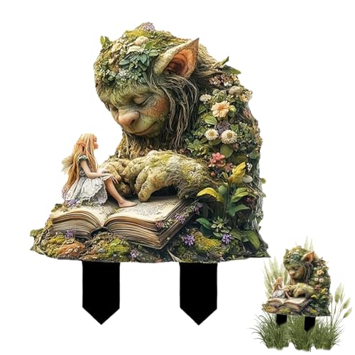 CHIHOLEN 2D Grünes Gras Troll Gartenstecker, Gartendeko für Draußen, Acryl Gartenfiguren für Draußen Wetterfest Garten Skulpturen, Blumentopf Gartenzubehör für Hof Garten Rasen Terrasse(B)