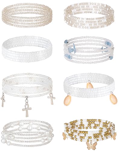 Tornito 8Pcs 31.5 Inches African Waist Bead Chain Elastic Belly Beads Butterfly Shell Layered Body Chain Colorful Jewelry Accessories for Women