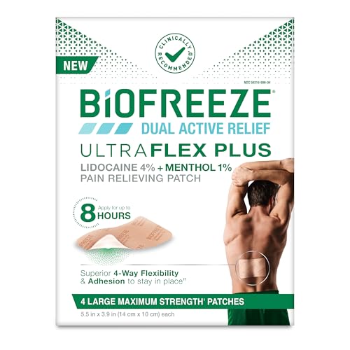 Biofreeze Ultraflex Plus Maximum Strength 4% Lidocaine Patches with Menthol Flexible Pain Relief Patch for Lower Back Lidocaine Patch for Neck Knee Shoulder 4 Large Pain Patches