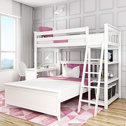 Max & Lily Bunk Bed, L Shape Twin-Over-Full Bed Frame For Kids With Bookcase and Desk, White