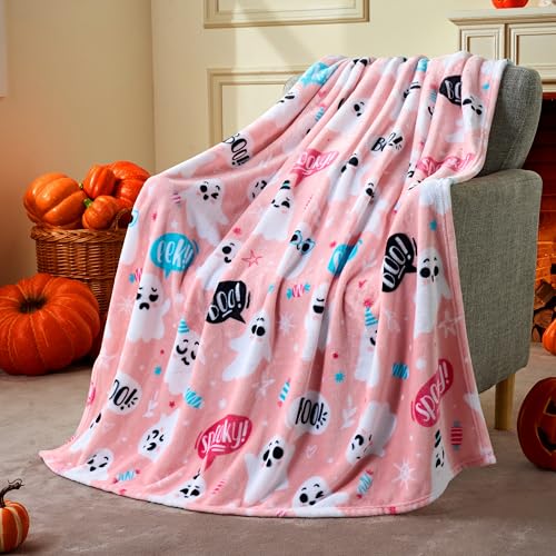 Halloween Throw Blanket - Soft Plush Pink Ghost Blanket - image 1
