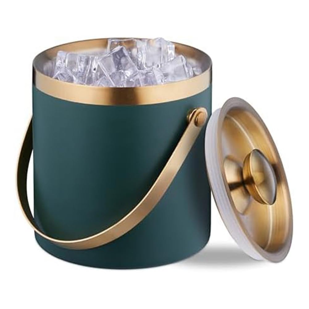 CTRLZS Ice Bucket, Stainless Steel, Double-Walled, Ice Bucket with Lid & Handle, 2 L, Bucket Green & Gold