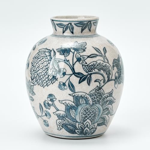 PORCER Vase vintage bleu et blanc | 16 cm Céramique Chinoiserie Florale | Vase rétro en porcelaine craquelée glacée bleu et blanc pour table, salon, salle...