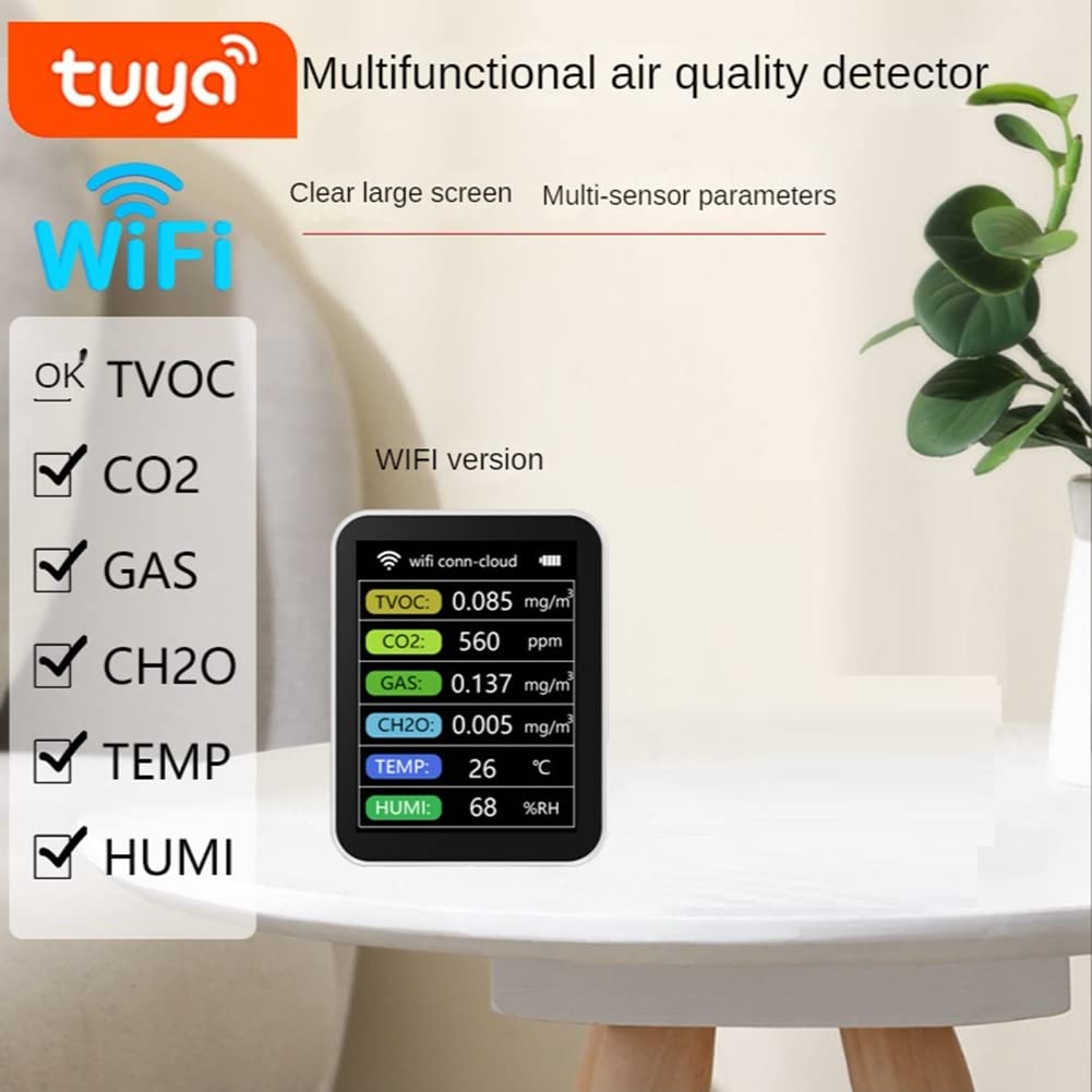 1 zestaw Tuya WiFi CO2 czujnik TVOC CO2 Gaz CH2O miernik temperatury i wilgotności powietrza wielofunkcyjny, biały