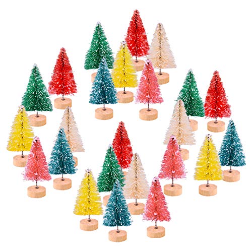 KUUQA 24Pcs Multicolor Mini Sisal Trees Bottle Brush Trees Mini Christmas Trees Pine Trees with Wood Base Winter Snow Ornaments Tabletop Tree for Xmas Decor Diorama Models (6 Colors), SMALL SIZE TREES